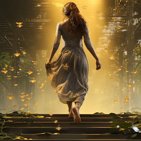Young woman in a long dress walking on a wooden floor in the gardenの素材