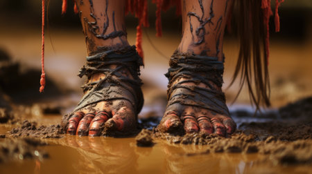 close-up of the feet of a woman in a mud puddleの素材