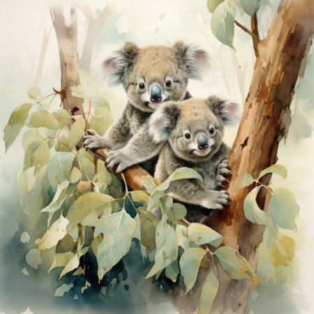 Watercolor Cute koalas on eucalyptus treeの素材