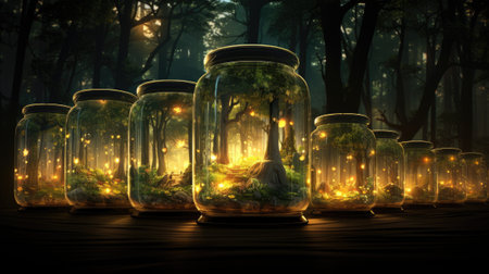 Jars in the forest with glowing lights.の素材