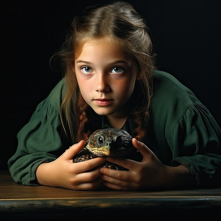 Portrait of a little girl with a lizard on a dark backgroundの素材