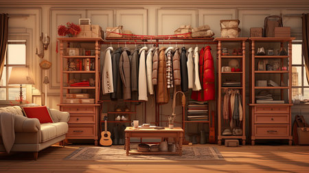 Closet with clothes and accessories in a room.の素材