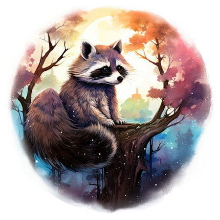 illustration of a raccoon on a tree in the forest.の素材