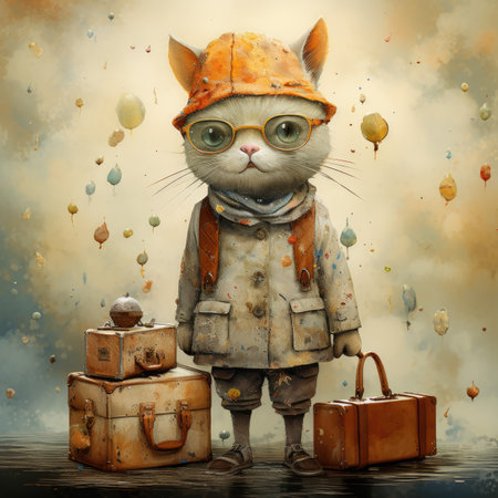 Funny cat with old suitcases on a grunge background.の素材