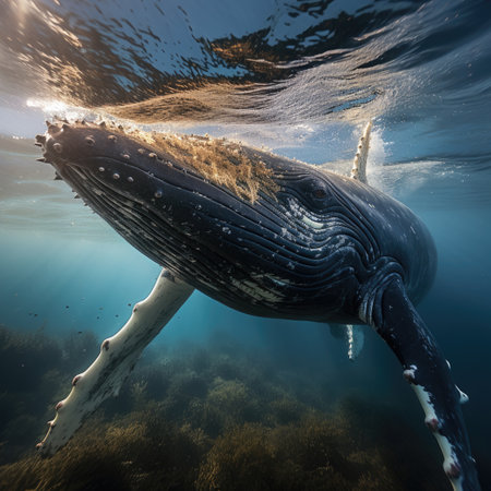 Humpback whale swimming in the sea.の素材