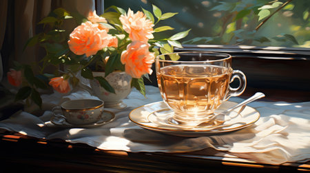 Cup of tea on the windowsill with orange roses in the backgroundの素材