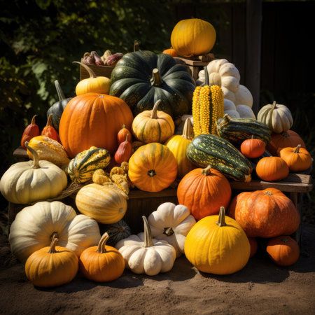 Colorful pumpkins and squashes in a rustic setting.の素材