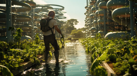 Young man using a camera to take photo of a vegetable garden.の素材