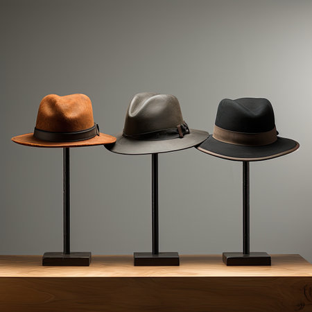 Three hats on a wooden shelf against a gray background.の素材