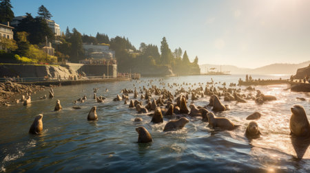 Seals swimming in the lake at sunsetの素材