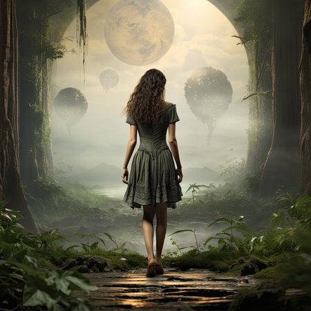 Young woman walking in a fantasy forest with full moon in the backgroundの素材
