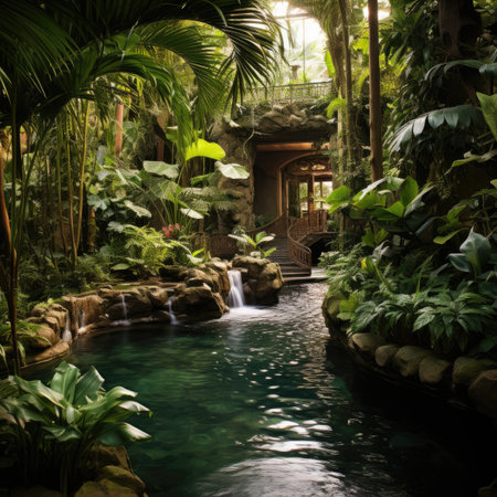 Beautiful tropical garden with a waterfall and a wooden gazeboの素材