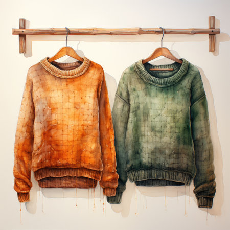 Woolen sweaters hanging on a wooden clothes hanger.の素材