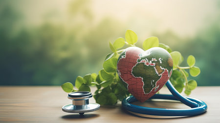 Stethoscope and world globe on wooden table with green nature backgroundの素材