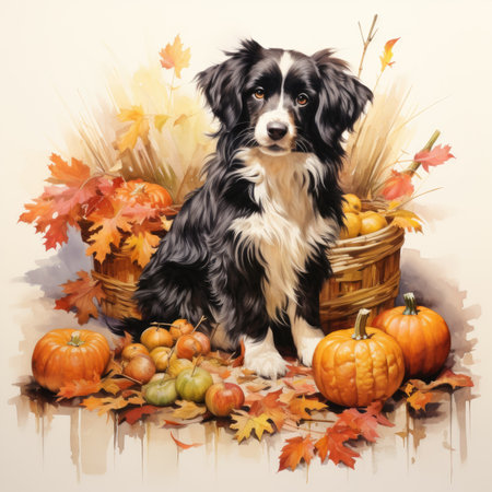 Funny portrait of cute smilling puppy border collie sitting on autumn leaves with pumpkins in basket.の素材