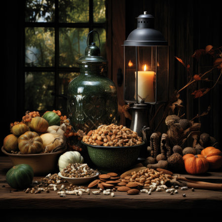 Still life with pumpkins, nuts and lantern on rustic wooden backgroundの素材
