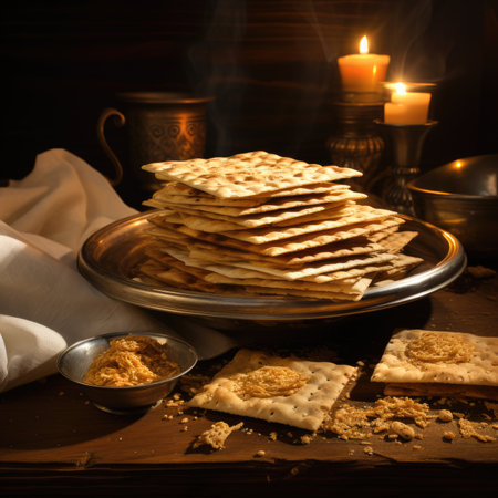 Passover Seder plate with matzah and candles on wooden backgroundの素材