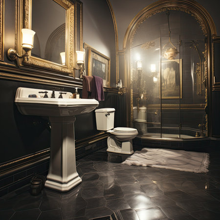 luxury bathroom with black tile floor and bathtubの素材