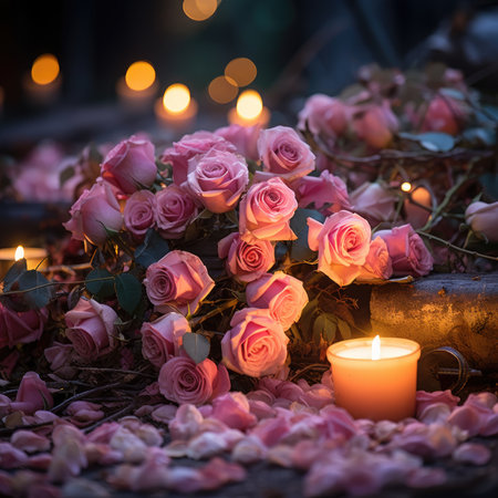 Romantic background with roses, candles and rose petals. Selective focus.の素材