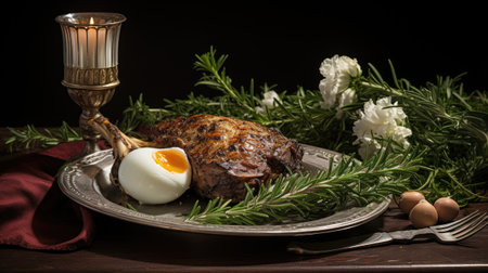 roasted meat with egg and rosemary on a dark wooden backgroundの素材