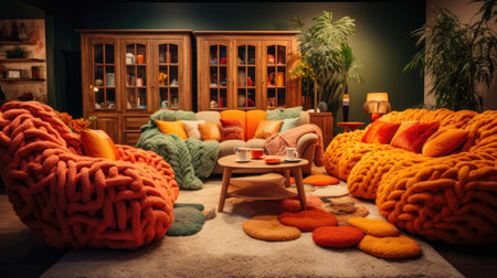 Interior of cozy living room with orange armchairs and cushionsの素材