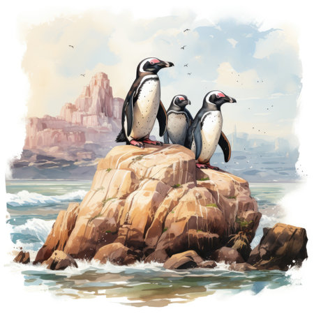 Watercolor Penguins on the rock.の素材