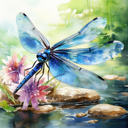 a dragonfly on a flower in the water.の素材