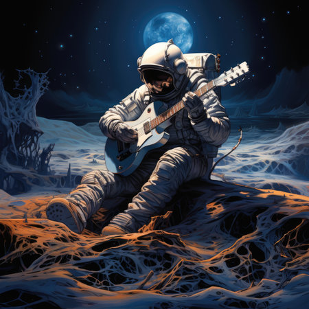 Astronaut sitting on the planet and playing the electric guitar.の素材