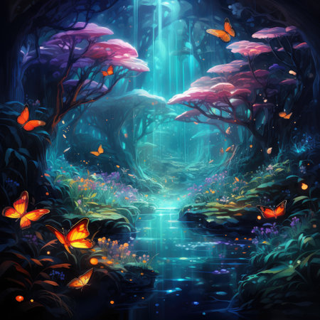 Mystical fantasy forest with butterflies.の素材