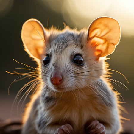 Close-up portrait of a cute little mouse in the sunset lightの素材