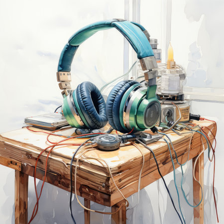 Modern headphones on a wooden table in front of the window. Music concept.の素材