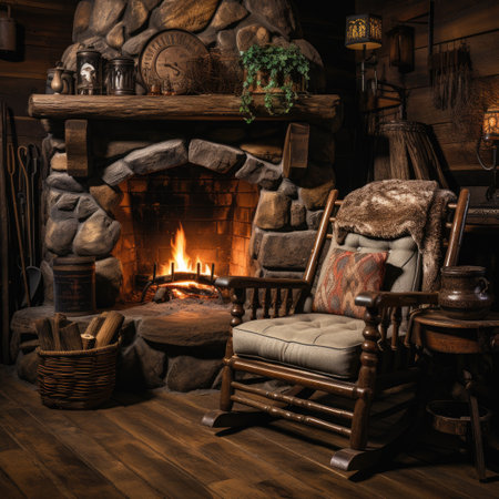 Comfortable rocking chair near the fireplace in a cozy country house.の素材