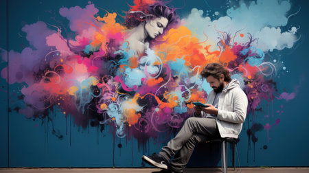 Young man sitting on chair and using tablet pc against colourful painted wallの素材