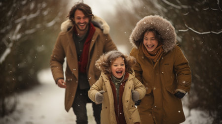 Portrait of happy family walking in winter park with snowfall.の素材
