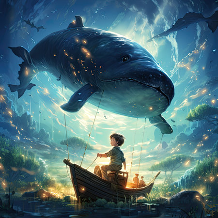 Fantasy scene with a boy and a big whale in the seaの素材