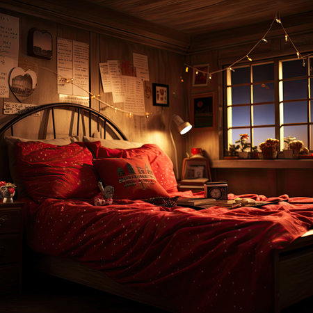 Interior of a bedroom with a red bed and candles in the eveningの素材