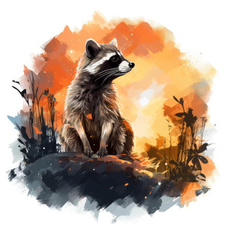 Watercolor Raccoon sitting on a rock.の素材