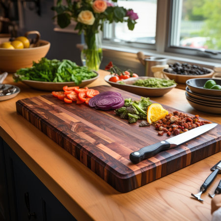 Wooden cutting board with chopped meat, vegetables and greens on the kitchen tableの素材