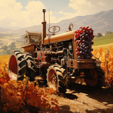 Vintage Tractor and grapes in the vineyard.の素材