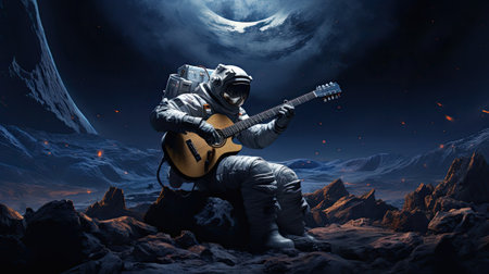 Astronaut in space suit playing guitar.の素材