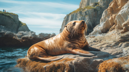 California sea lion resting on a rock in the Ocean.の素材