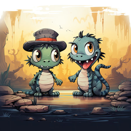 Two crocodiles in the swamp illustration. Cartoon style. Vector.の素材