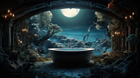 Bathtub in fantasy forest with full moon.の素材