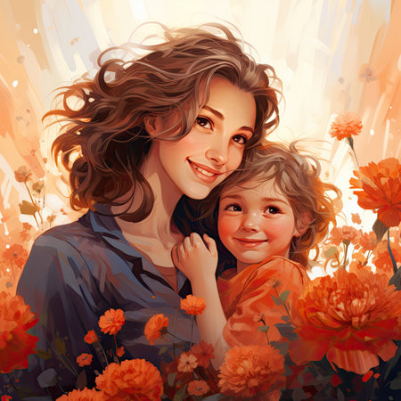Beautiful mother with her daughter on the background of flowers.の素材
