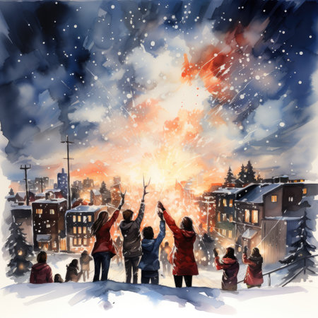 Children celebrate Christmas and New Year in the winter city. Watercolor paintingの素材