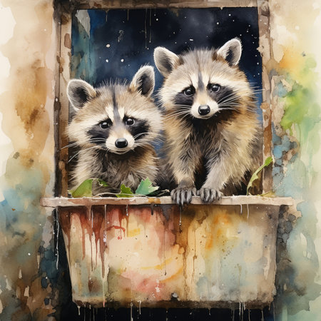 Watercolor Two raccoons sitting on the window.の素材