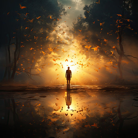 a young man standing in a misty forestの素材