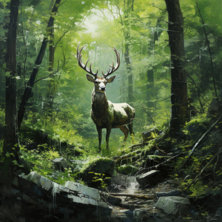 a wild deer standing in the forest with a waterfallの素材