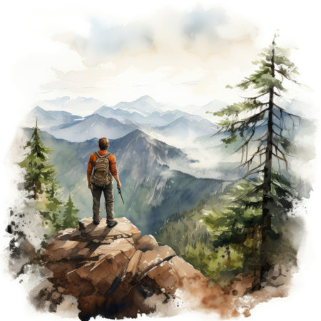 WatercolorHiker with backpack on top of the mountain.の素材