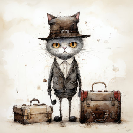 Portrait of a cat in a hat with suitcases. Watercolor illustrationの素材